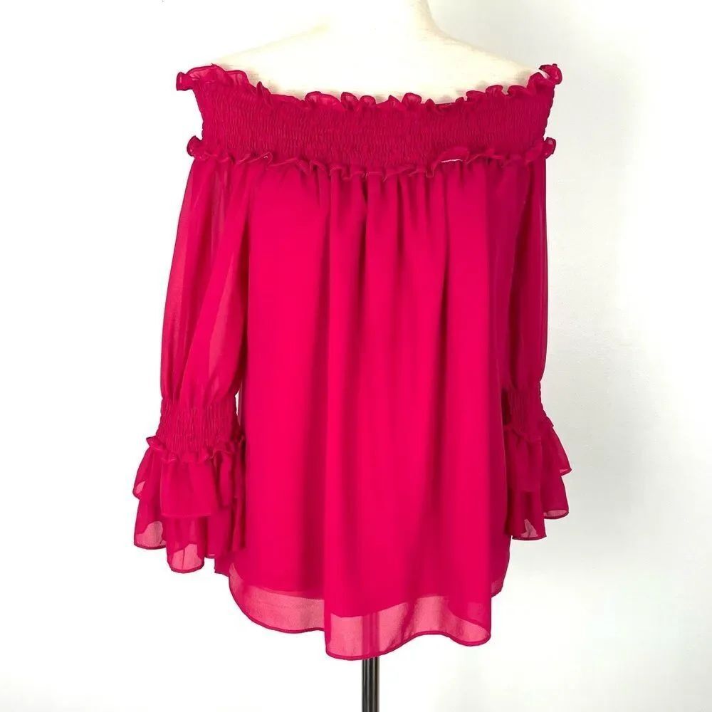 Entro Fuchsia Off The Shoulder Tiered Bell Sleeve Blouse M